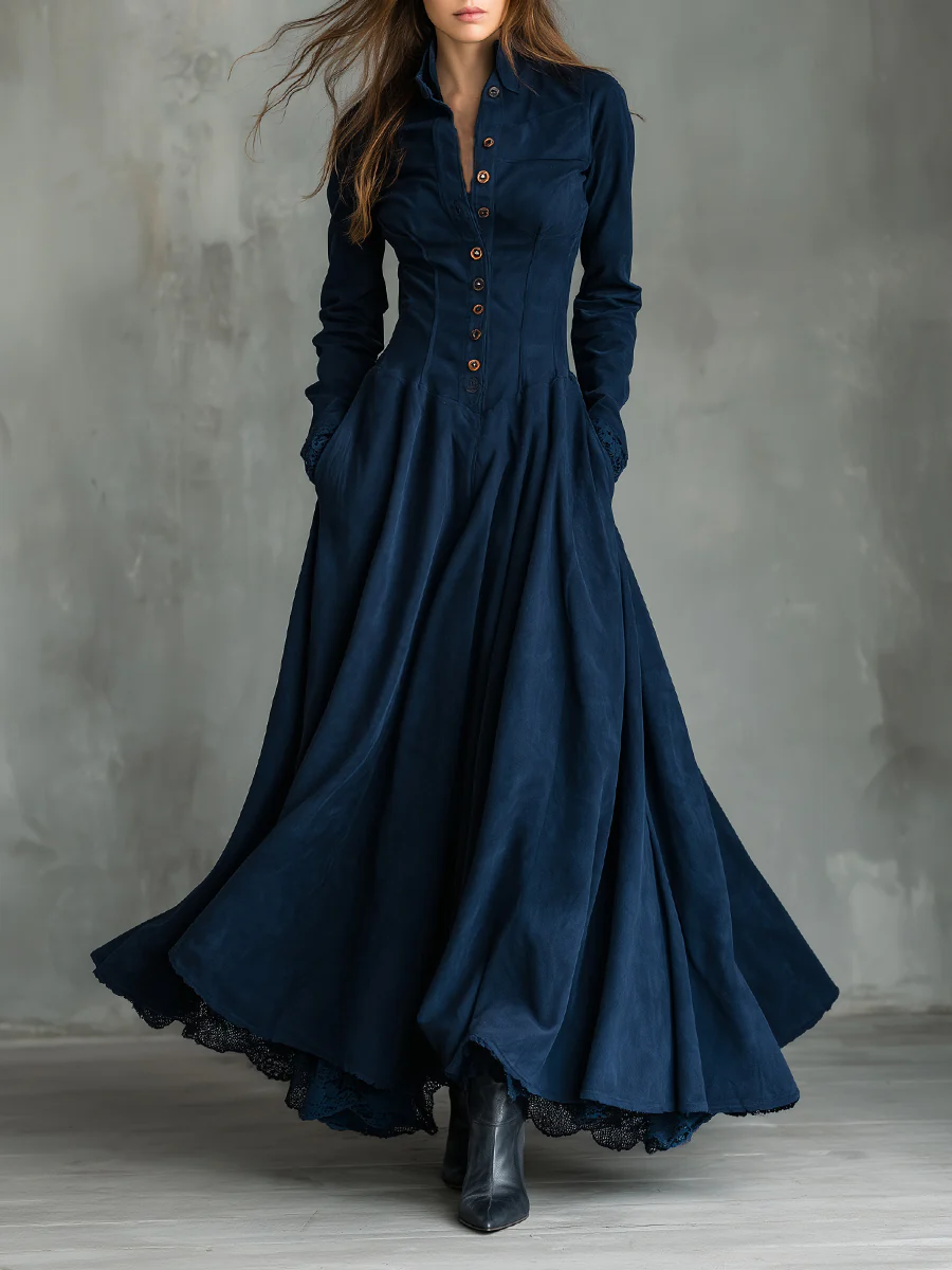 Mathilde | Robe Longue Effet Suédine Bleu Nuit à Col Chemise et Dentelle