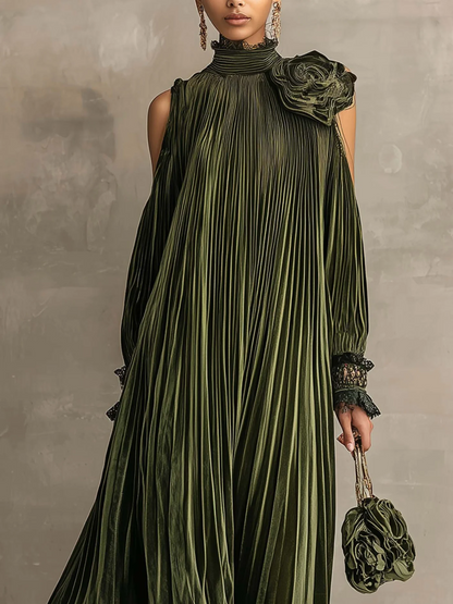 Josephine | Robe Longue Plissée à Rose sur l’Épaule