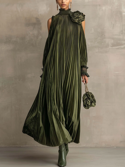 Josephine | Robe Longue Plissée à Rose sur l’Épaule