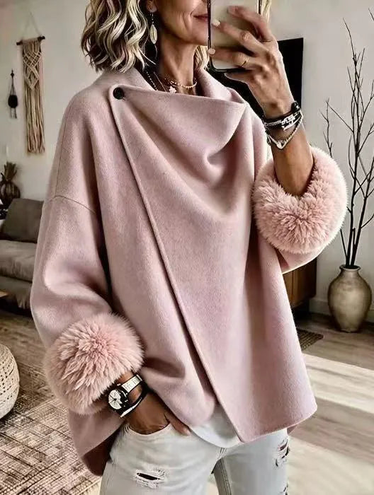 Malicia | Asymmetric Wrap Jacket With Faux Fur Cuffs