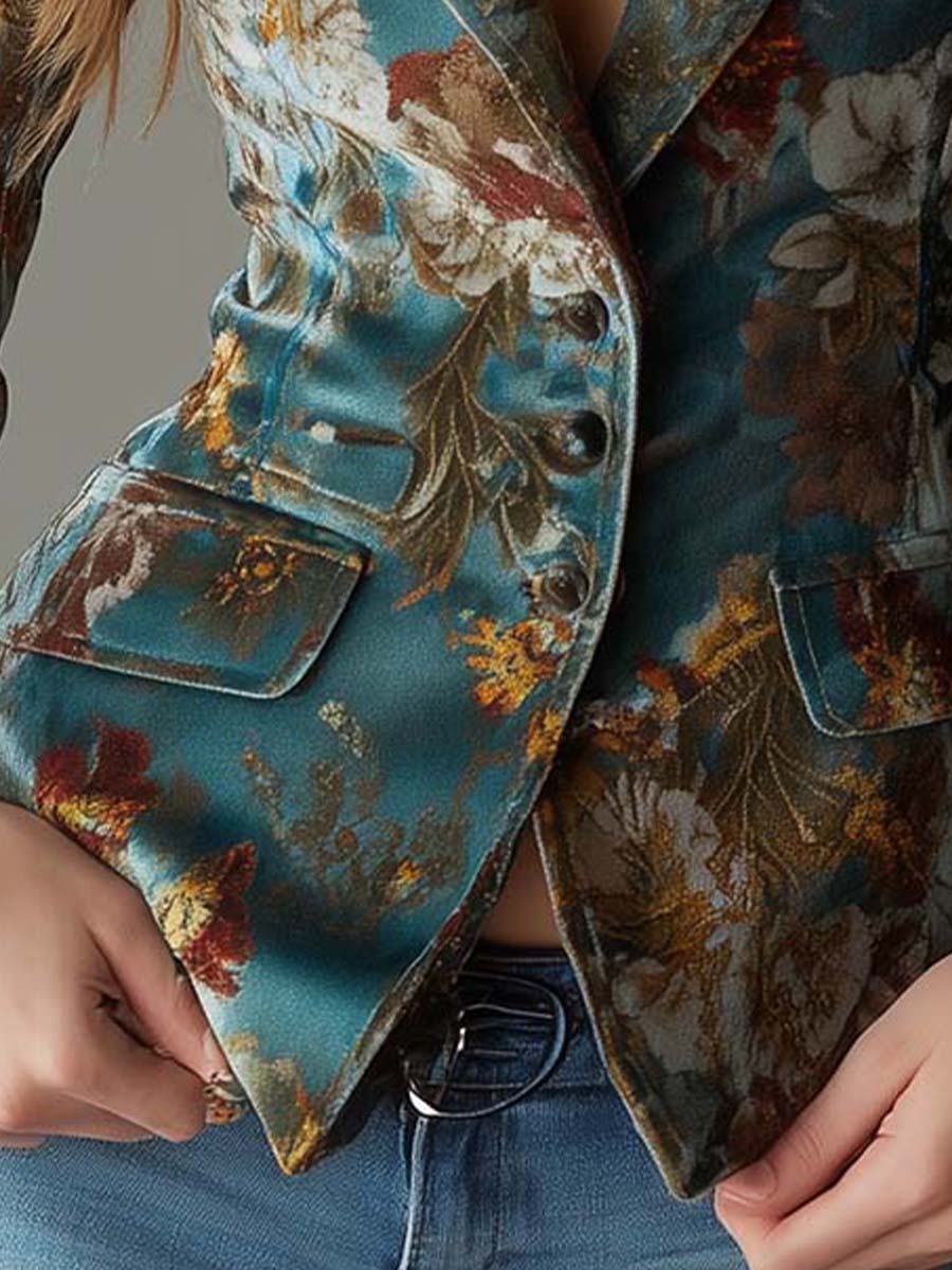 Ophélie | Blazer Tailleur en Velours Fleuri Bleu Canard