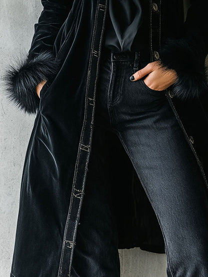 Clémentine | Manteau Long en Velours Noir à Col et Poignets Fausse Fourrure