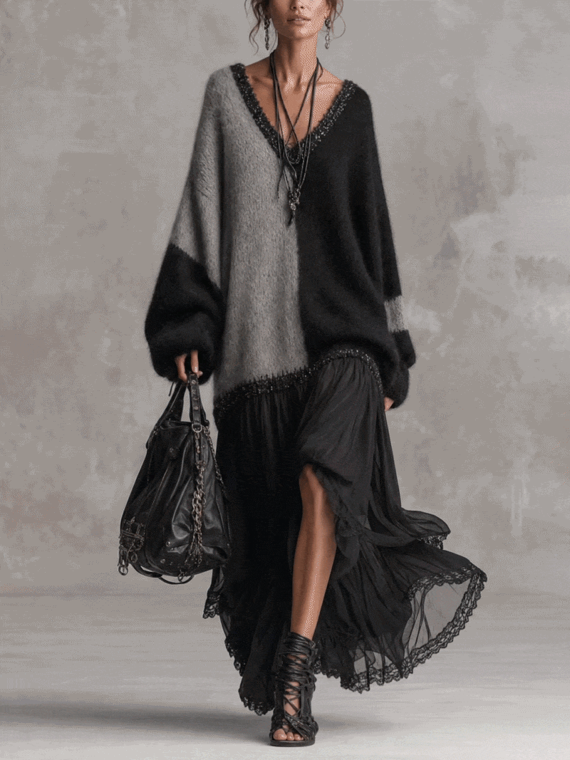Vestido largo de punto oversize con patchwork de gasa