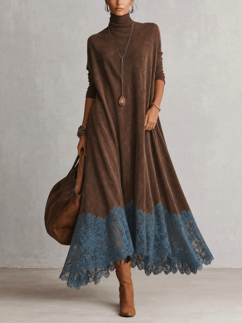 Albane - Robe Longue Effet Suédine à Ourlet en Dentelle