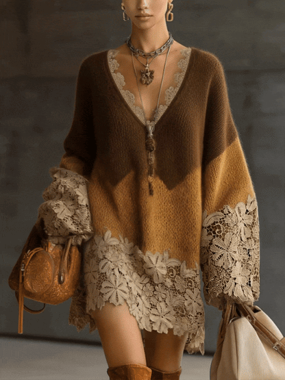 Rosalie | Robe Pull Courte Oversize en Maille Dégradé Marron et Dentelle