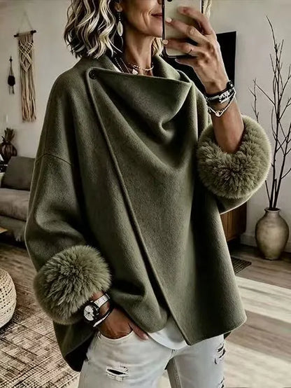 Malicia | Asymmetric Wrap Jacket With Faux Fur Cuffs
