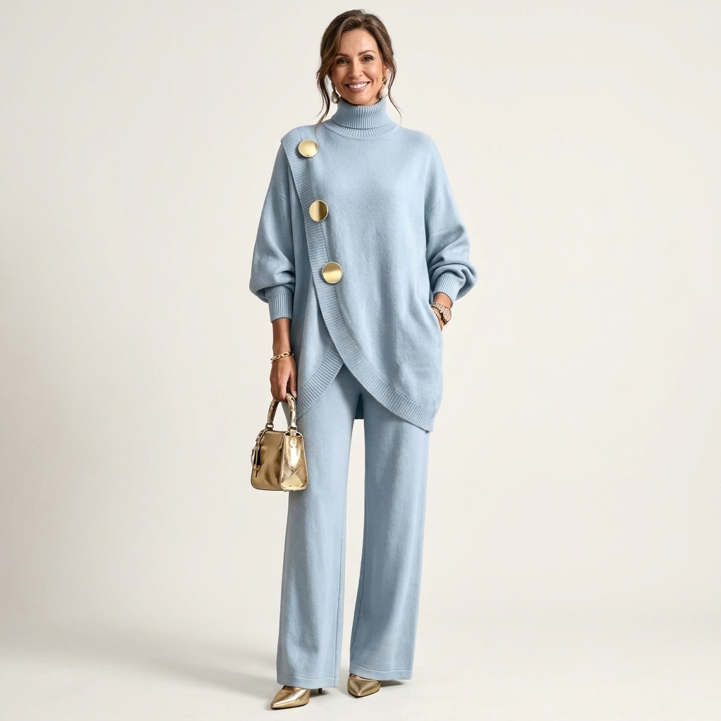Essy | Metal Button High-Collar Two-Piece Knit Set