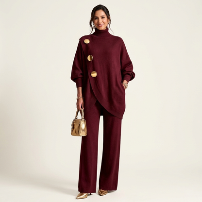 Essy | Metal Button High-Collar Two-Piece Knit Set