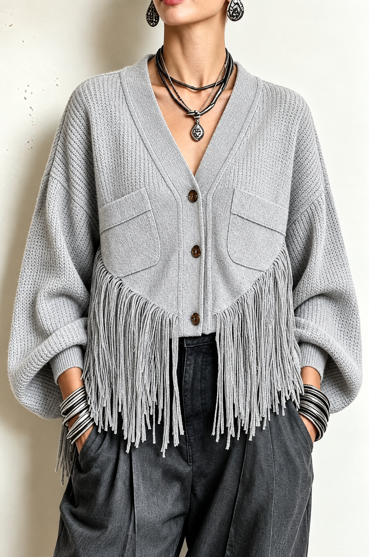 Lisette | Gilet en Maille Gaufrée Gris à Franges