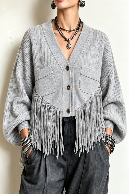 Lisette | Gilet en Maille Gaufrée Gris à Franges