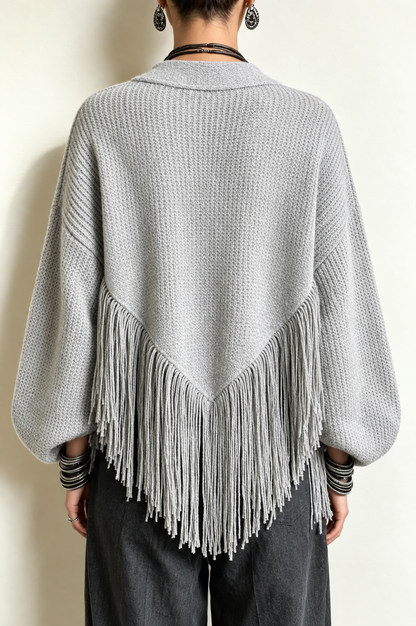 Lisette | Gilet en Maille Gaufrée Gris à Franges