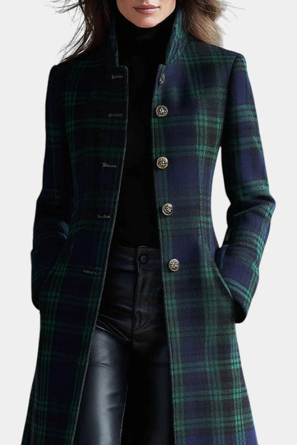 Odette | Manteau Élégant Mi-Long à Carreaux Bleu-Vert