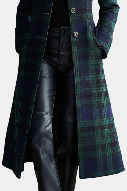 Odette | Manteau Élégant Mi-Long à Carreaux Bleu-Vert