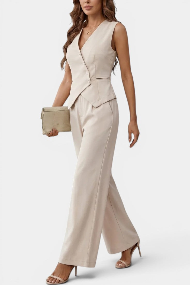 Élise - Ensemble Gilet Péplum Asymétrique Pantalon Taille Haute