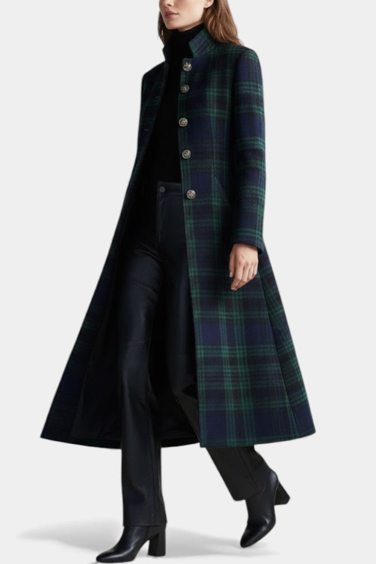 Odette | Manteau Élégant Mi-Long à Carreaux Bleu-Vert