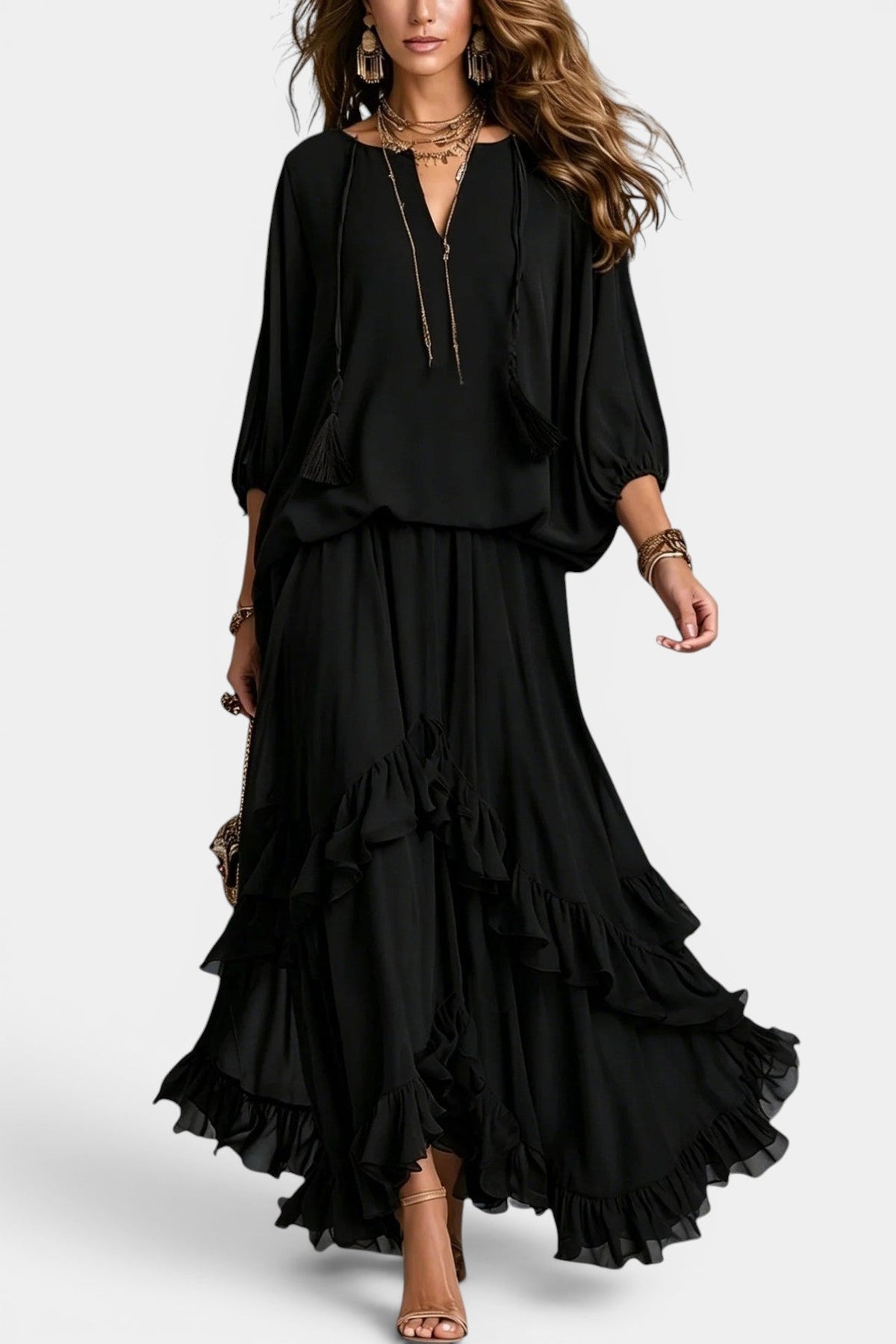 Quiterie - Ensemble Blouse Ample & Jupe Longue Volantée