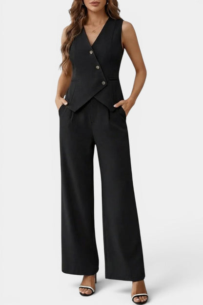 Élise - Ensemble Gilet Péplum Asymétrique Pantalon Taille Haute