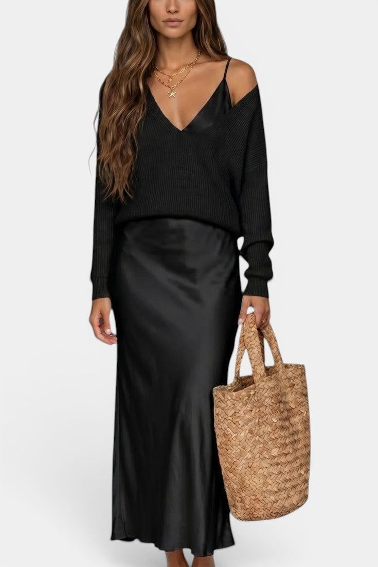 Léandra - Ensemble Pull Col V & Robe Nuisette Satinée
