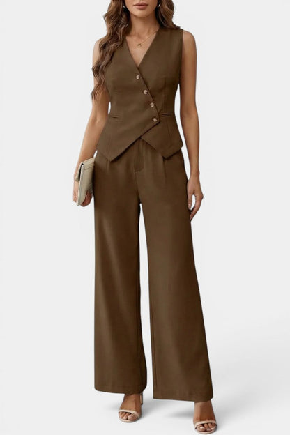 Élise - Ensemble Gilet Péplum Asymétrique Pantalon Taille Haute
