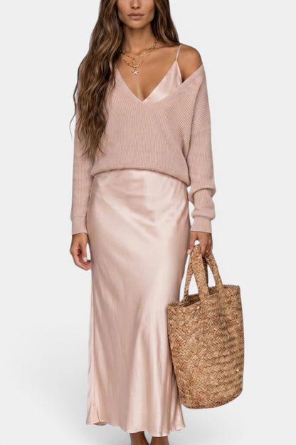 Léandra - Ensemble Pull Col V & Robe Nuisette Satinée