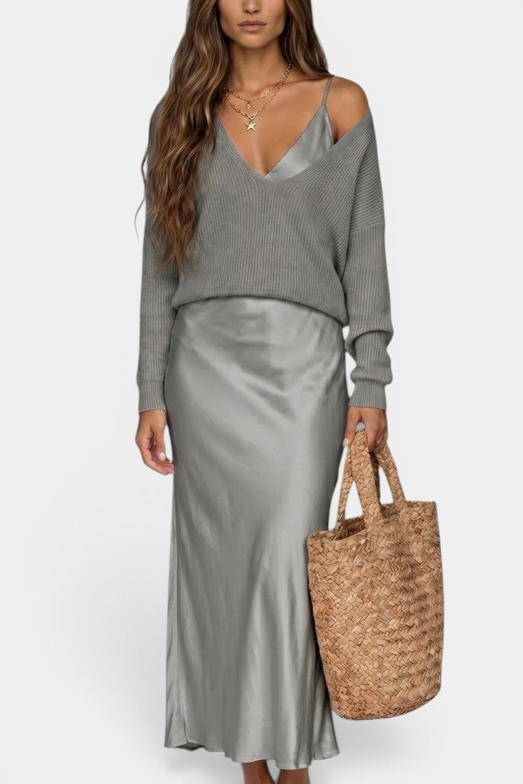 Léandra - Ensemble Pull Col V & Robe Nuisette Satinée