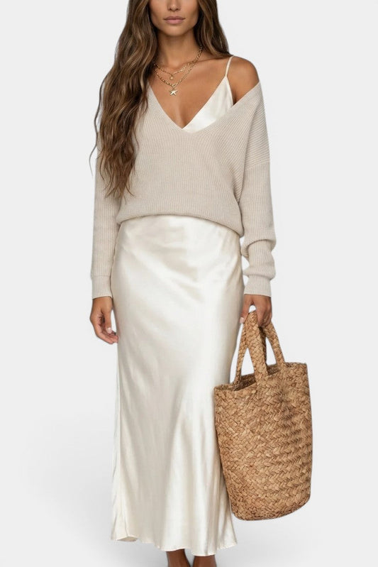 Léandra - Ensemble Pull Col V & Robe Nuisette Satinée