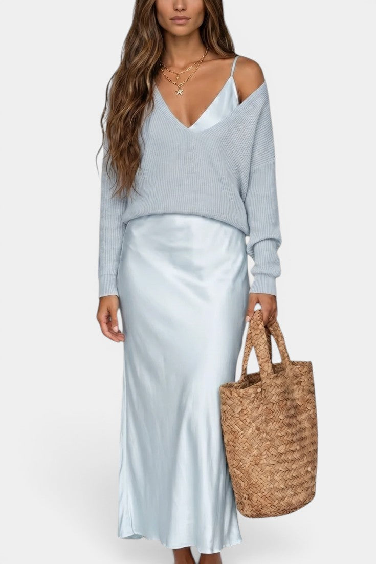 Léandra - Ensemble Pull Col V & Robe Nuisette Satinée