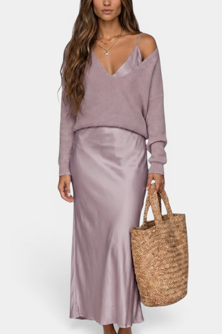 Léandra - Ensemble Pull Col V & Robe Nuisette Satinée