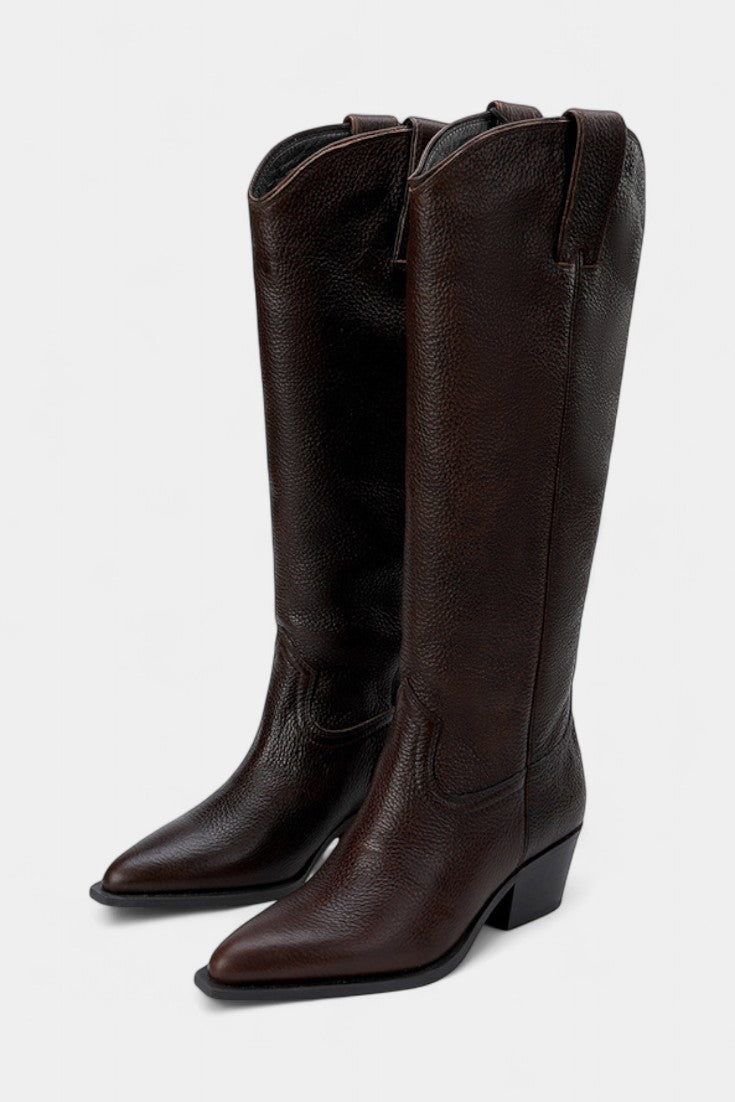 Icelle Bottes Équestres en Cuir Marron à Pointe Aiguë et Talon Bas