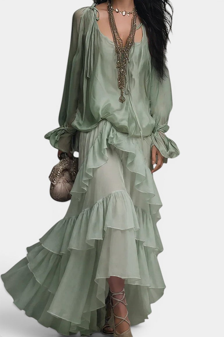Guilaine - Ensemble Blouse Satinée & Jupe Volants Cascade