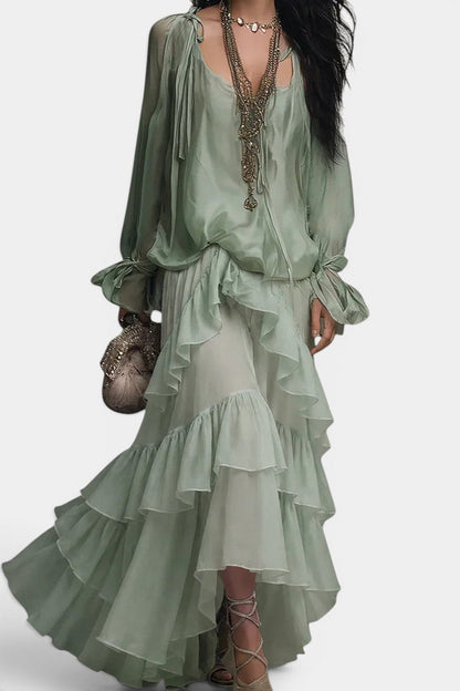 Guilaine - Ensemble Blouse Satinée & Jupe Volants Cascade