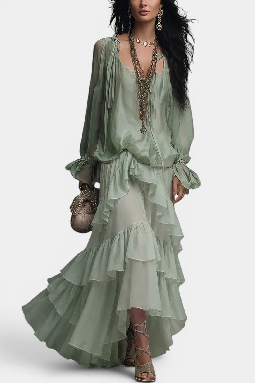 Guilaine - Ensemble Blouse Satinée & Jupe Volants Cascade