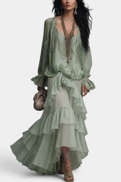 Guilaine - Ensemble Blouse Satinée & Jupe Volants Cascade