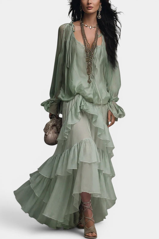Guilaine - Ensemble Blouse Satinée & Jupe Volants Cascade