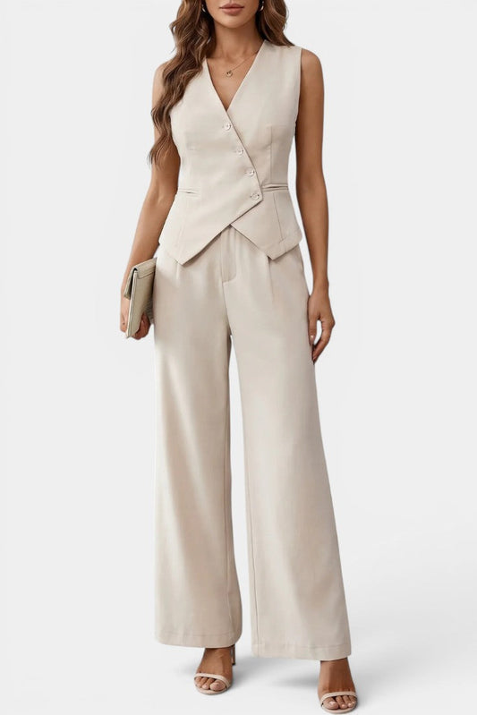 Élise - Ensemble Gilet Péplum Asymétrique Pantalon Taille Haute
