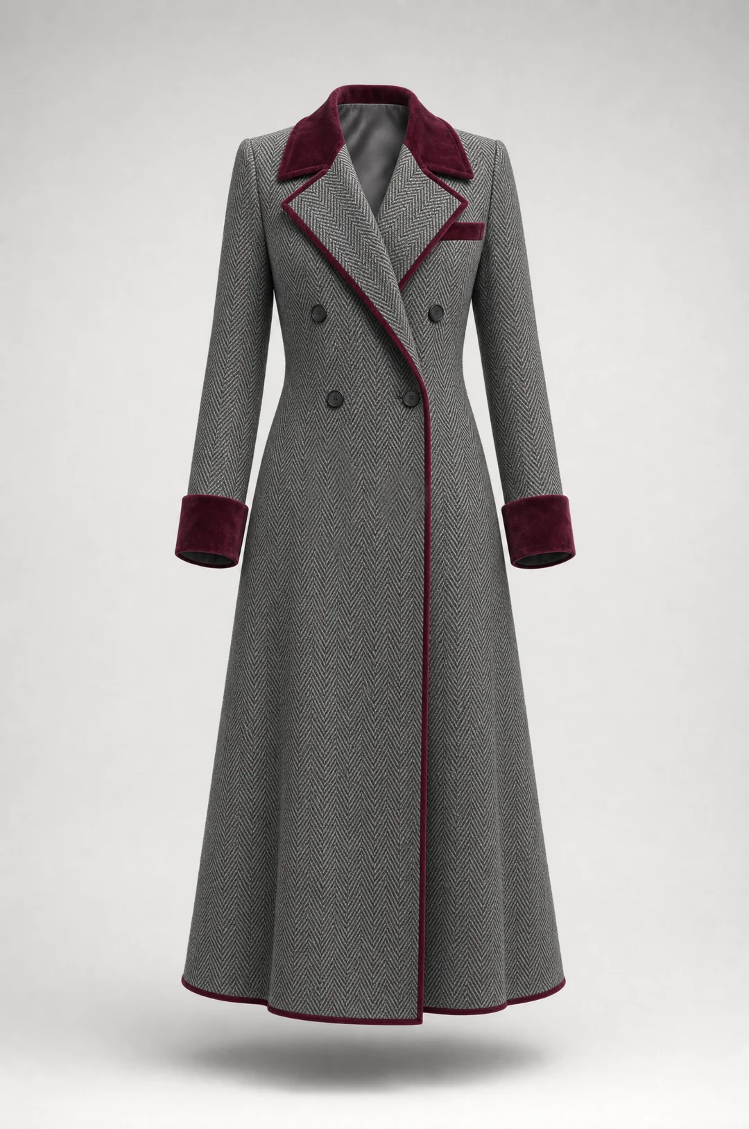 Victorine | Manteau Long Chevrons Gris à Finitions Velours (Manteau Seul)