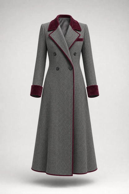 Victorine | Manteau Long Chevrons Gris à Finitions Velours (Manteau Seul)