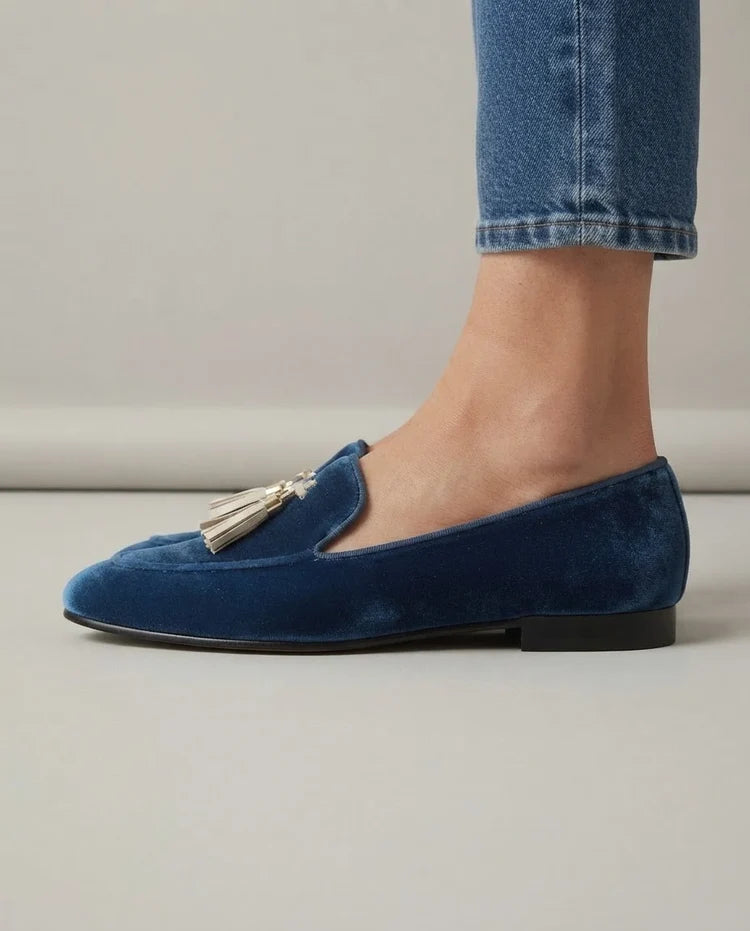 Juliette | Mocassins effet velours à pampilles dorées