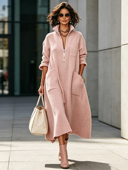 Elegant Quarter-zip High Collar Oversized Knit Midi Dress