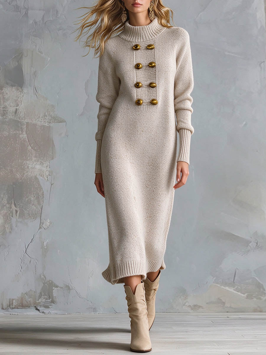 Thérèse | Robe Pull Mi-Longue à Col Roulé et Boutons Dorés