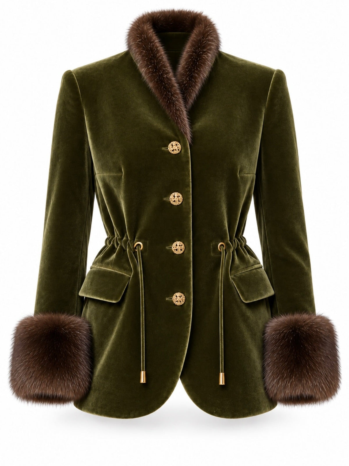 Hélène | Veste en Velours Vert Kaki à Col Effet Fourrure et Taille Coulissée
