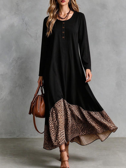 Simone | Robe Longue Noire à Volant Imprimé Léopard