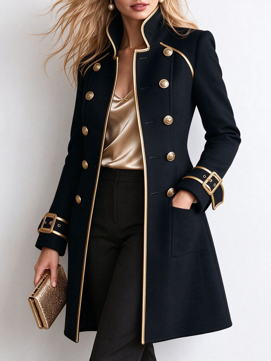 Joséphine | Manteau Long Noir Style Militaire à Liserés Dorés