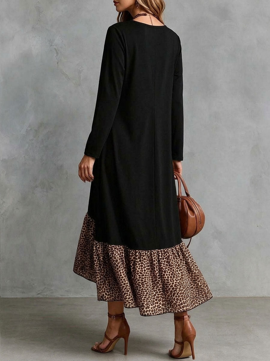 Simone | Robe Longue Noire à Volant Imprimé Léopard