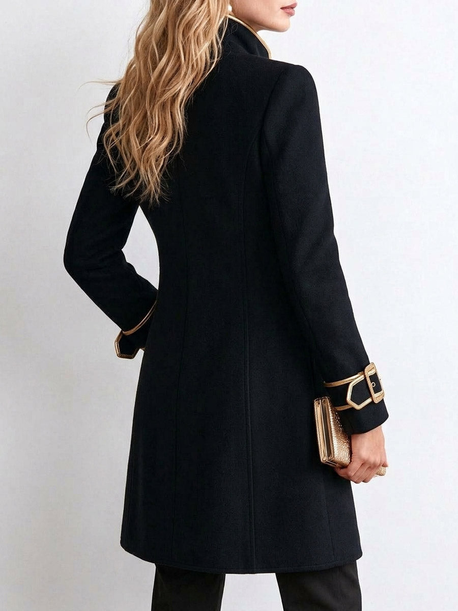 Joséphine | Manteau Long Noir Style Militaire à Liserés Dorés