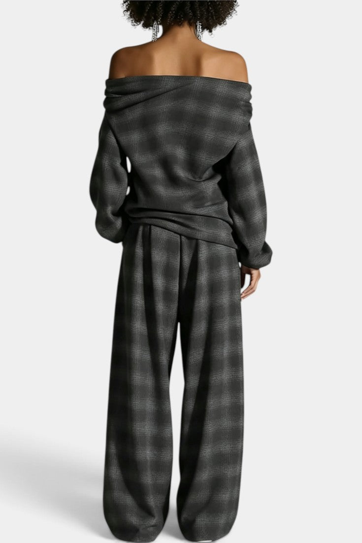 Isidora - Ensemble Ample Épaules Dénudées & Pantalon Large à Carreaux
