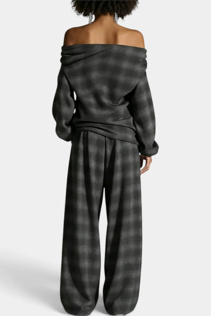 Isidora - Ensemble Ample Épaules Dénudées & Pantalon Large à Carreaux