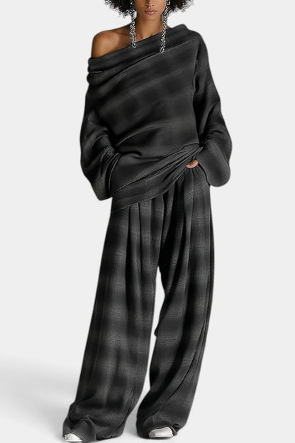 Isidora - Ensemble Ample Épaules Dénudées & Pantalon Large à Carreaux